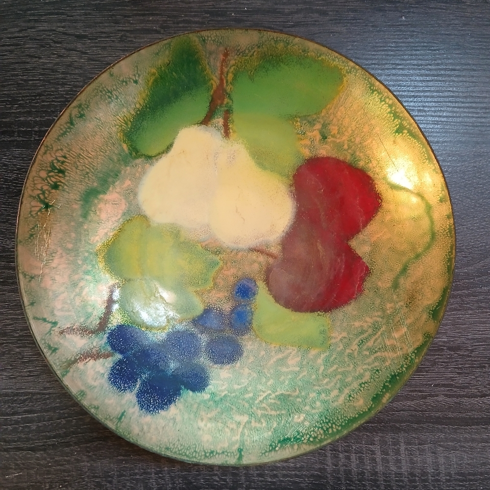 Vintage MCM Enamel on Copper Fruit Bowl Dish Artist Signed 10"